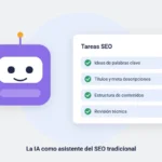Ilustración: asistente de IA junto a una lista de tareas SEO completadas