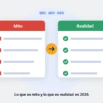 Ilustración: comparación entre mitos y realidades de SEO, AEO y GEO en 2026
