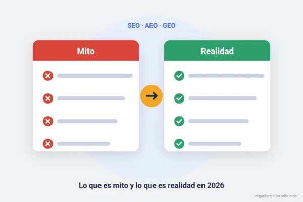 Ilustración: comparación entre mitos y realidades de SEO, AEO y GEO en 2026