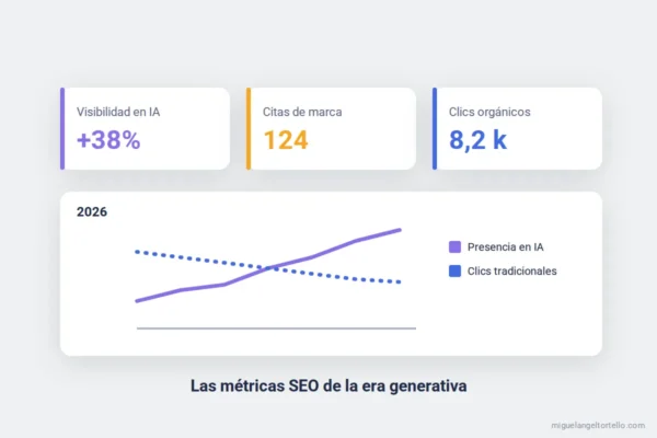 Ilustración: panel de métricas SEO con visibilidad en IA, citas de marca y clics orgánicos