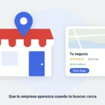 Ilustración: tienda con marcador de mapa y ficha de negocio local con reseñas