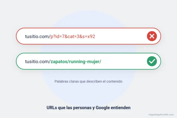 Ilustración: una URL confusa frente a una URL semántica y clara